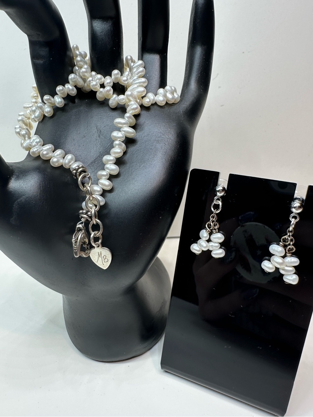 Genuine Pearl Necklace Earrings Set Sterling Silver 925 Signed MB Jewelry Design - Picture 10 of 15